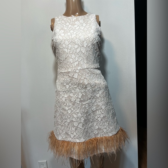 Taylor Dresses & Skirts - Taylor White Lace Mini Dress with Tan Feather Trim